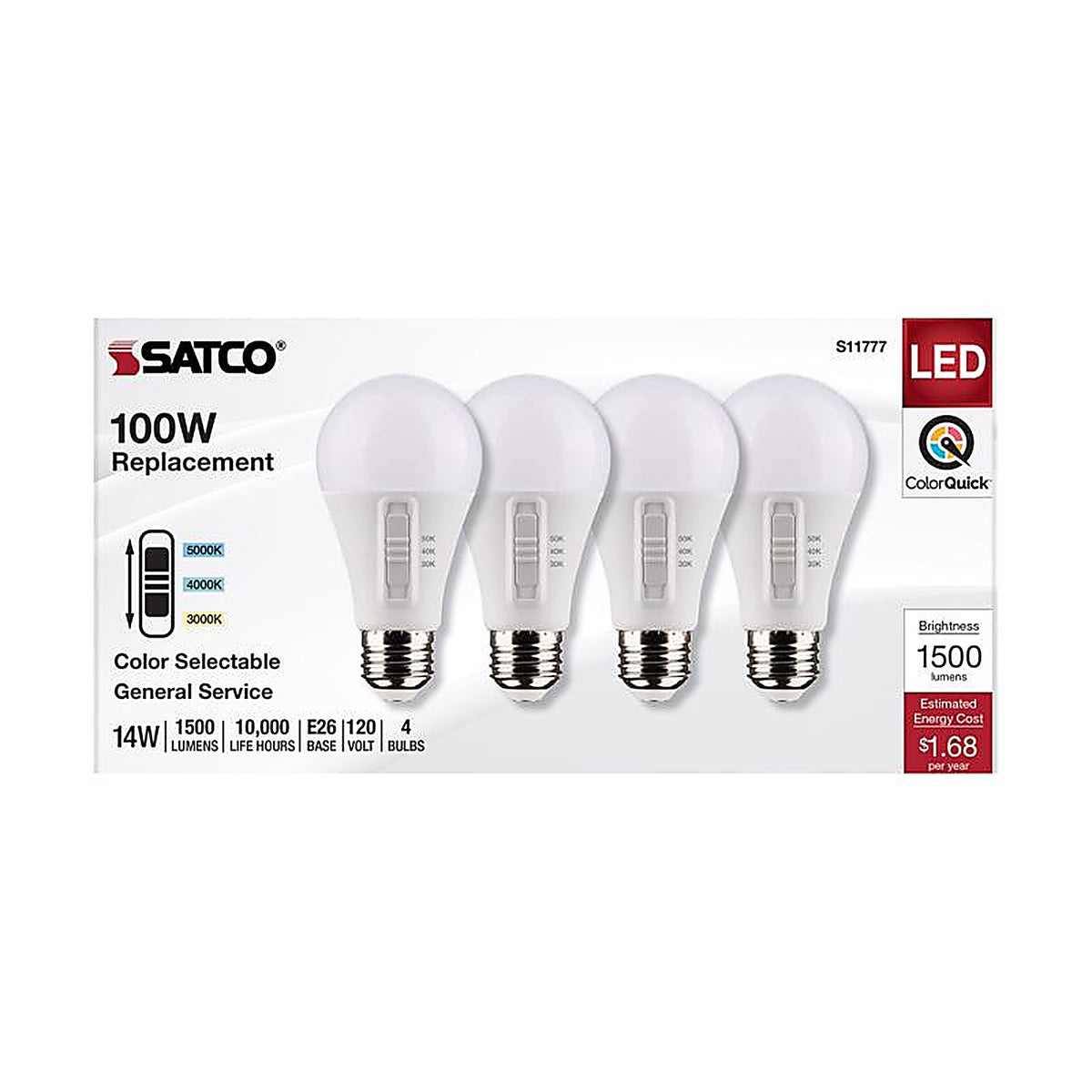 Satco - S11777 - A19 E26 (Medium) LED Bulb Tunable White/Color Changing 100 Watt Equivalence 4 Pack