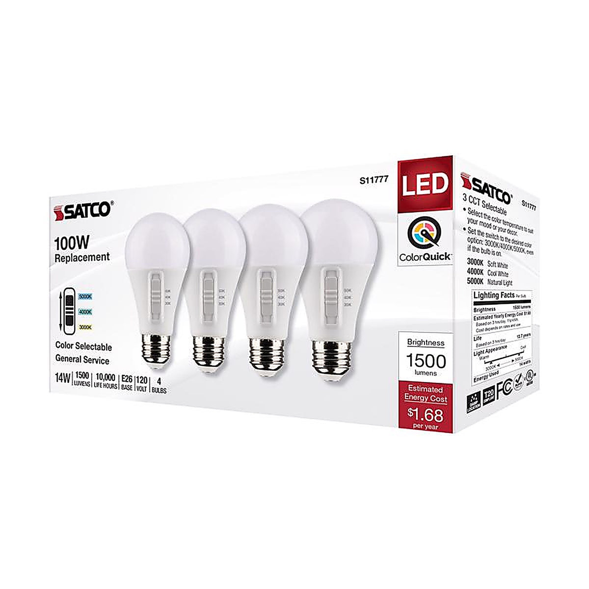 Satco - S11777 - A19 E26 (Medium) LED Bulb Tunable White/Color Changing 100 Watt Equivalence 4 Pack