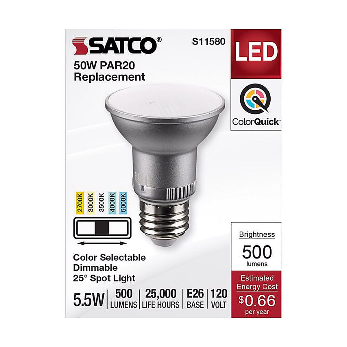 Satco - S11580 - Par20 E26 (Medium) LED Bulb Tunable White/Color Changing 50 Watt Equivalence 1 Pack