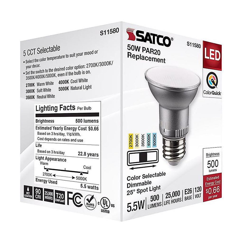Satco - S11580 - Par20 E26 (Medium) LED Bulb Tunable White/Color Changing 50 Watt Equivalence 1 Pack