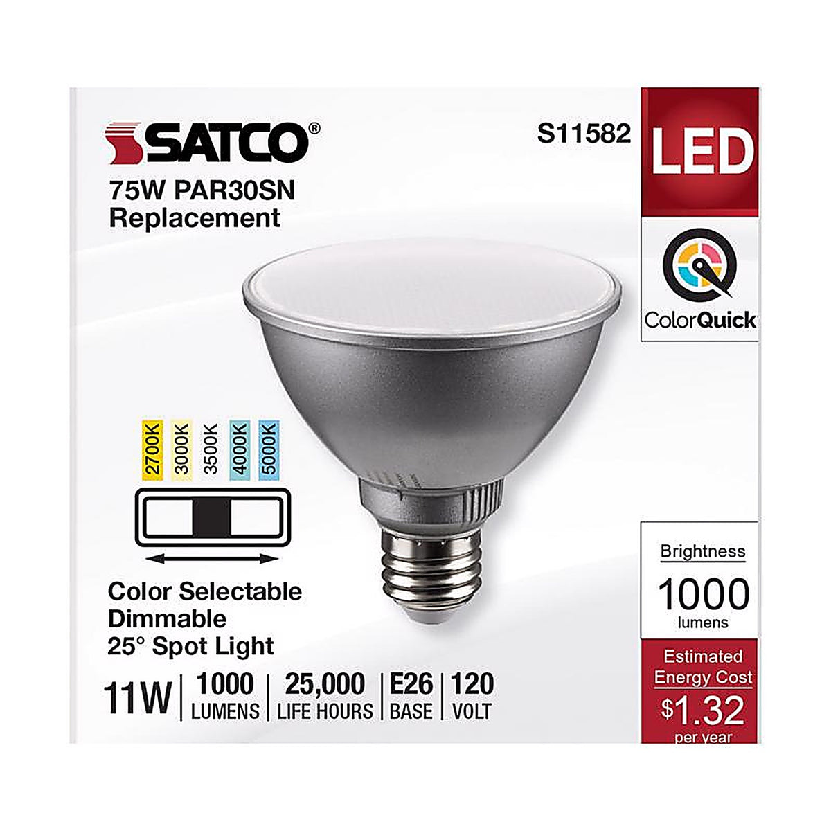 Satco - S11582 - Par30sn E26 (Medium) LED Bulb Tunable White/Color Changing 75 Watt Equivalence 1 Pack