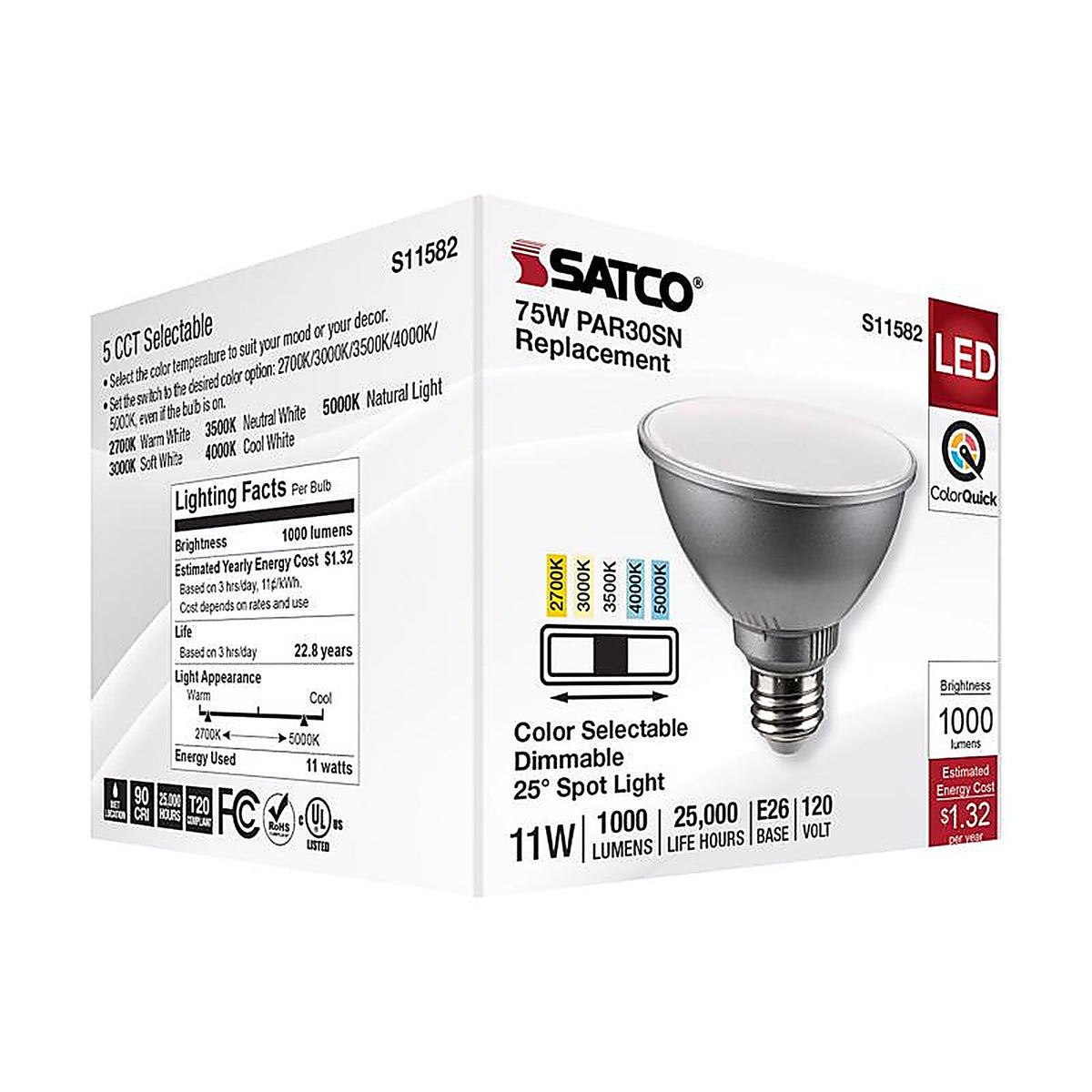 Satco - S11582 - Par30sn E26 (Medium) LED Bulb Tunable White/Color Changing 75 Watt Equivalence 1 Pack