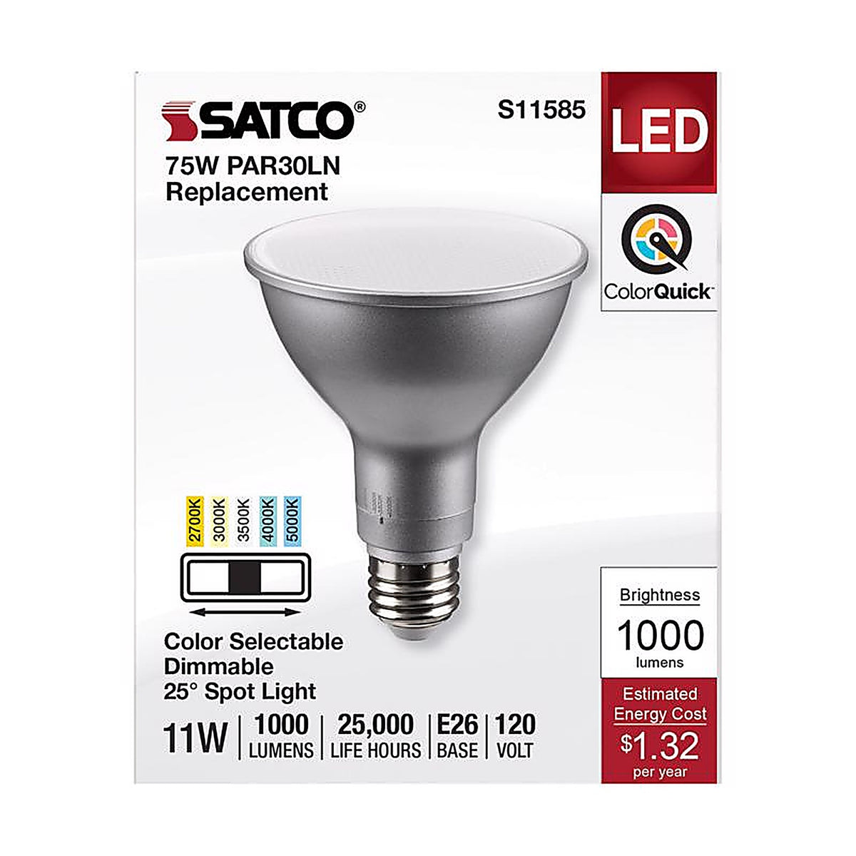 Satco - S11585 - Par30ln E26 (Medium) LED Bulb Tunable White/Color Changing 75 Watt Equivalence 1 Pack