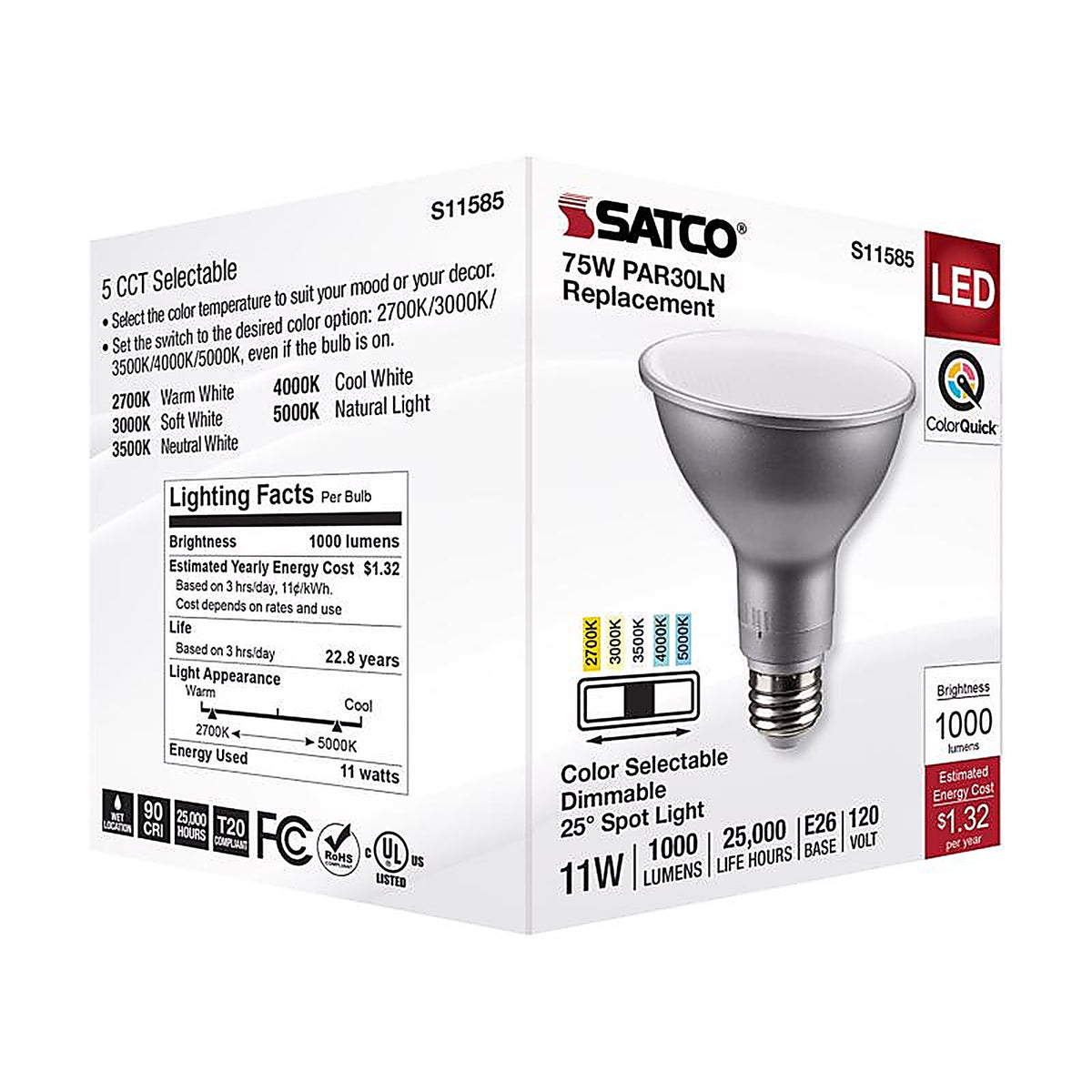 Satco - S11585 - Par30ln E26 (Medium) LED Bulb Tunable White/Color Changing 75 Watt Equivalence 1 Pack