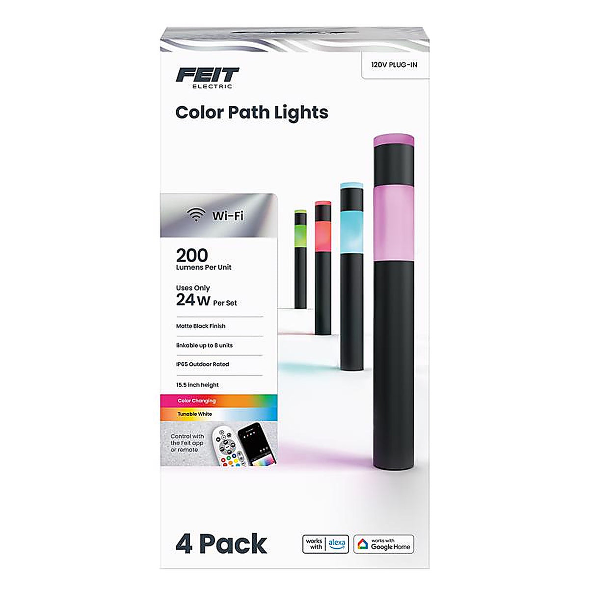 Feit - PATHRNDRGBWAG4 - Black Plug In/Remote 6 W LED Pathway Light 4 Pack