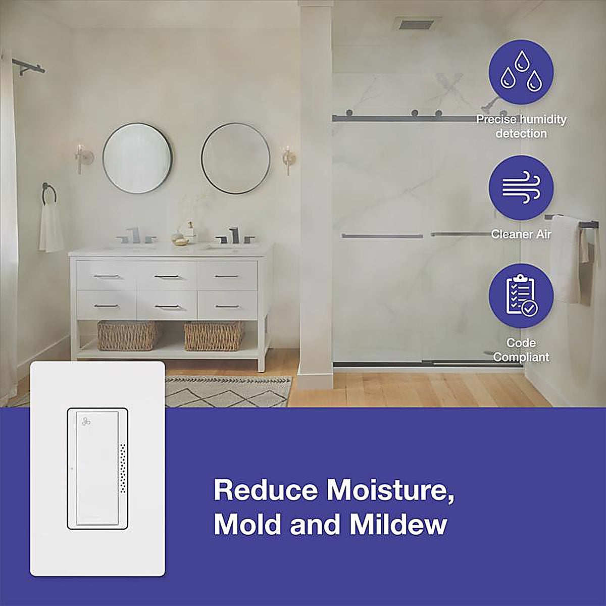 Lutron - MS-HS3-WH - Xactsense Humidity Sensor 3 Amps Single Pole Bathroom Exhaust Smart-Enabled Switch White 1 Pack