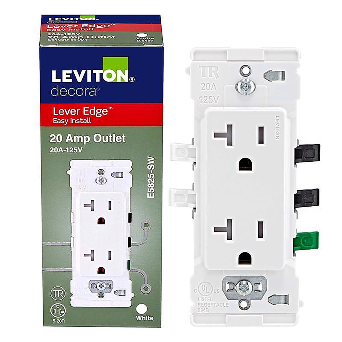 Leviton - E5825-0SW - Lever Edge 20 Amps 125 V White Tamper Resistant Outlet 5-20R 1 Pack