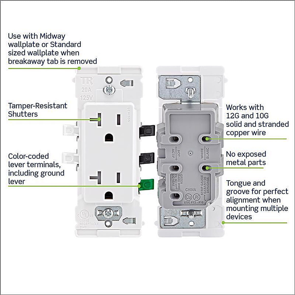 Leviton - E5825-0SW - Lever Edge 20 Amps 125 V White Tamper Resistant Outlet 5-20R 1 Pack