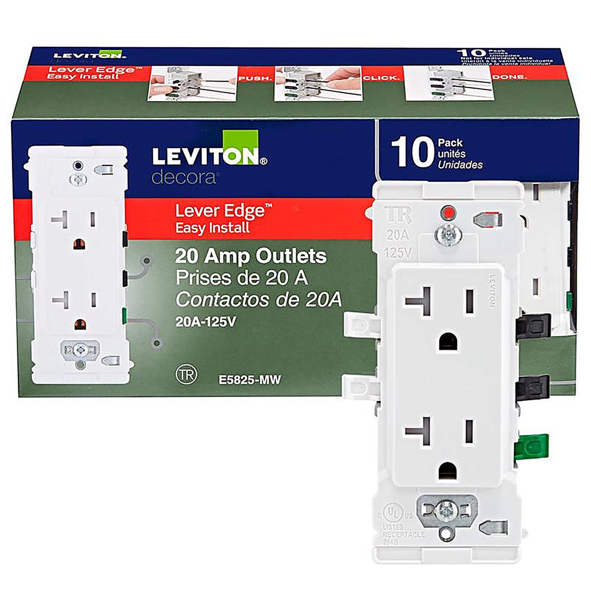 Leviton - E5825-0MW - Lever Edge 20 Amps 125 V White Outlet 5-20R 10 Pack