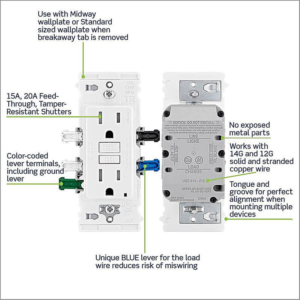 Leviton - EGFT1-0KW - Lever Edge 125 V White Gfci Outlet 1 Pack
