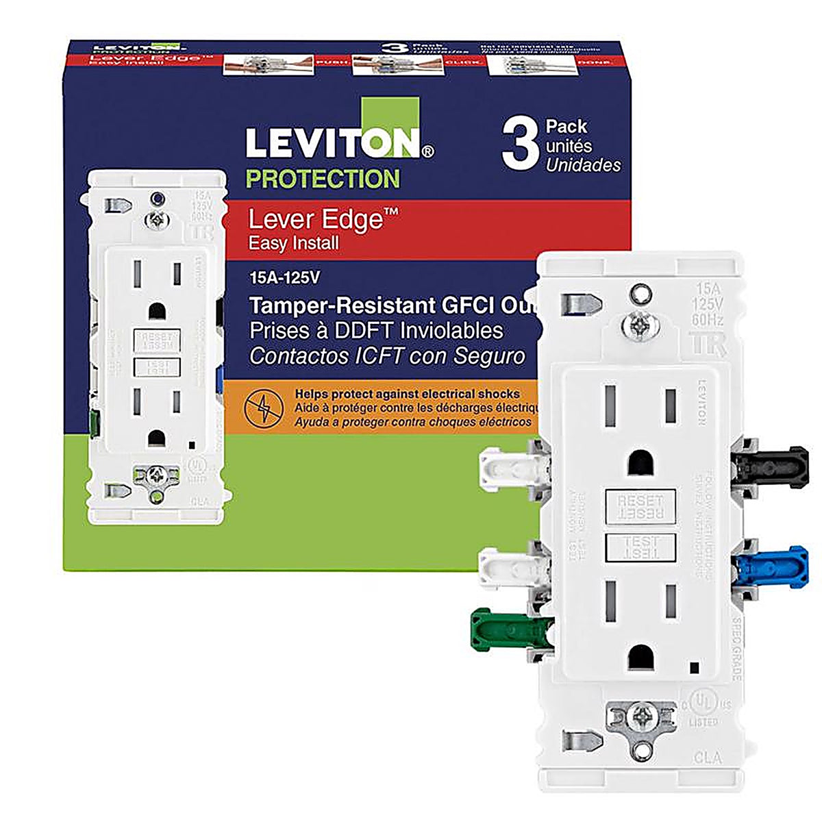 Leviton - EGFT1-03W - Lever Edge 15 Amps 125 V White Gfci Outlet 3 Pack