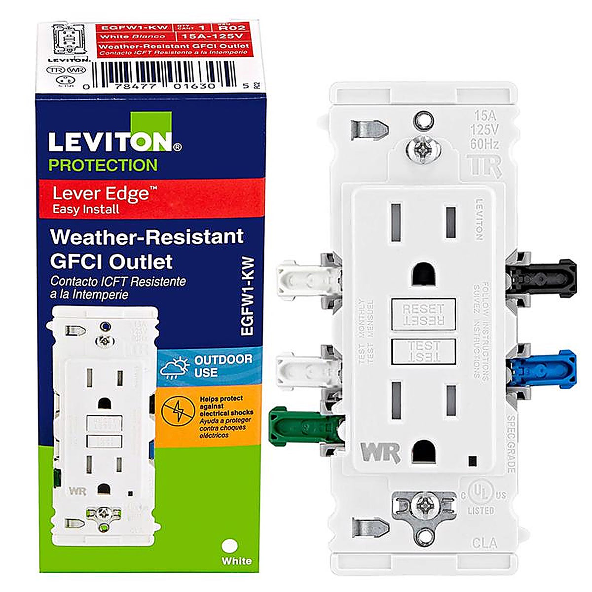 Leviton - EGFW1-0KW - Lever Edge 15 Amps 125 V White Weather Resistant Gfci Outlet 1 Pack