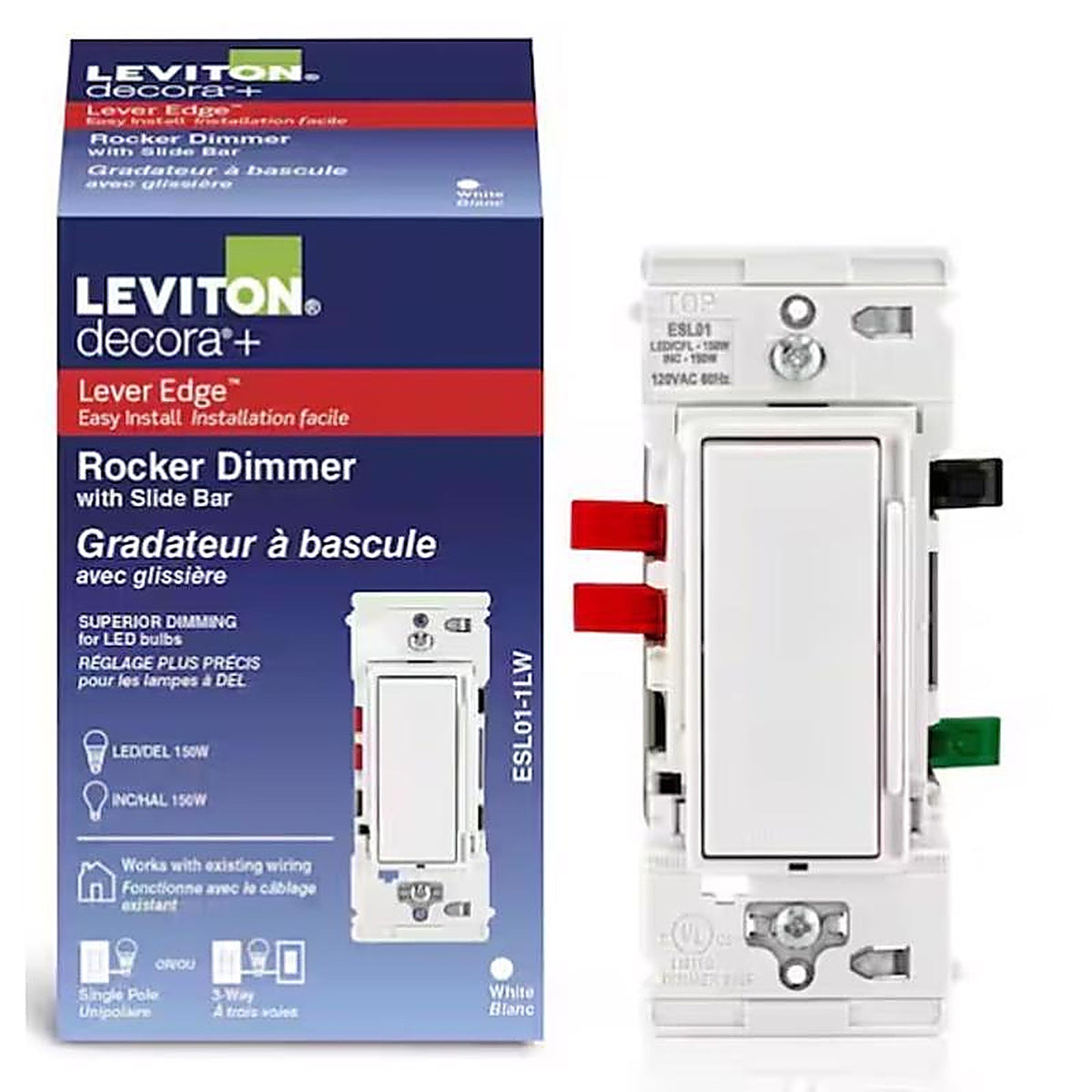 Leviton - ESL01-1TW - Lever Edge White Rocker Dimmer Switch 1 Pack