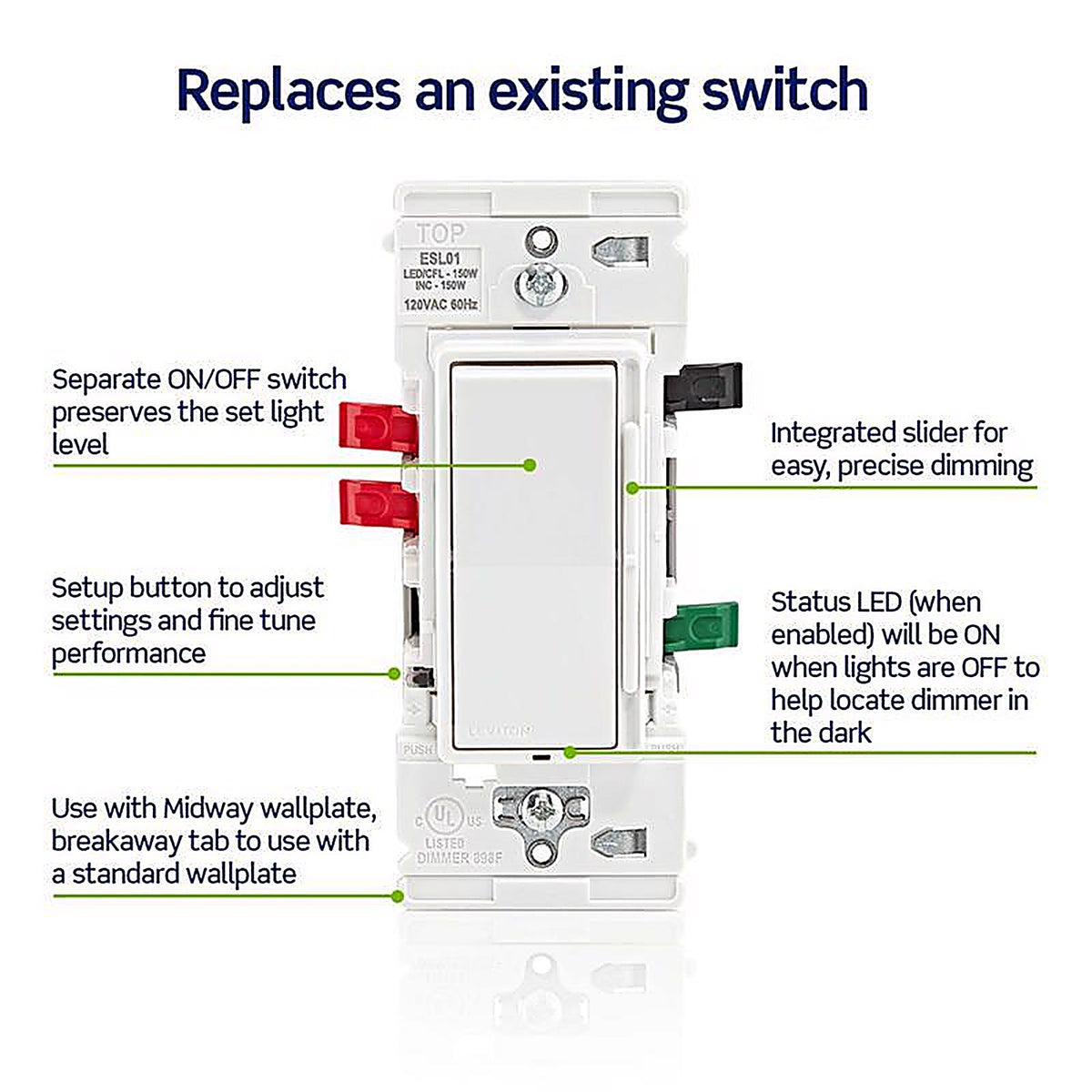 Leviton - ESL01-1TW - Lever Edge White Rocker Dimmer Switch 1 Pack