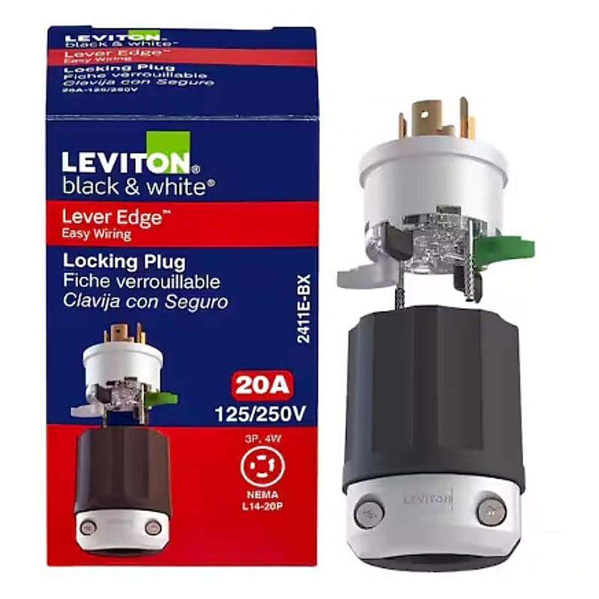 Leviton - 2411E-0BX - Lever Edge Commercial and Residential Plastic Locking Plug L14-20p
