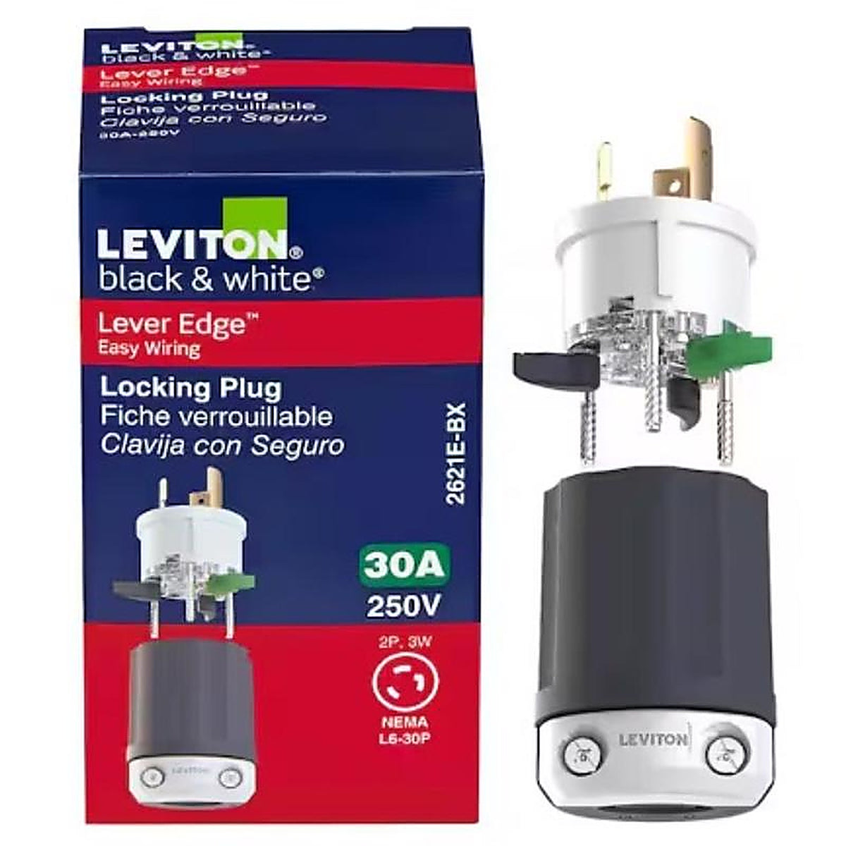 Leviton - 2621E-0BX - Lever Edge Commercial and Residential Plastic Locking Plug L6-30p