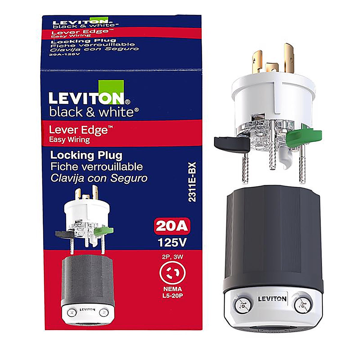 Leviton - 2311E-0BX - Lever Edge Commercial and Residential Plastic Locking Plug L5-20p