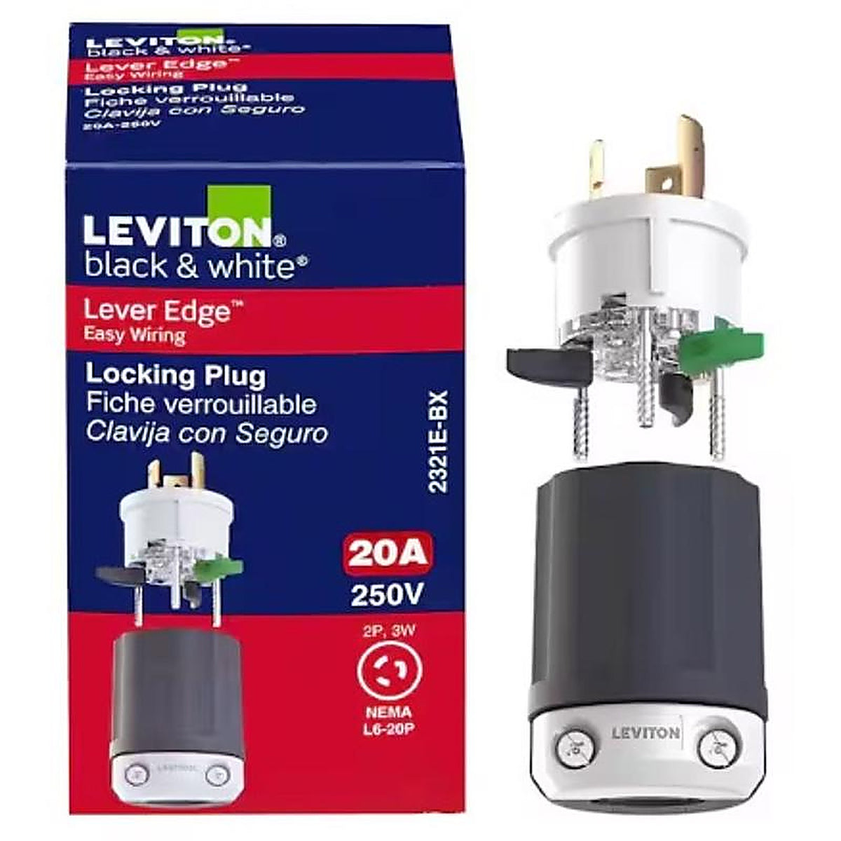 Leviton - 2321E-0BX - Lever Edge Commercial and Residential Plastic Locking Locking Plug L6-20p