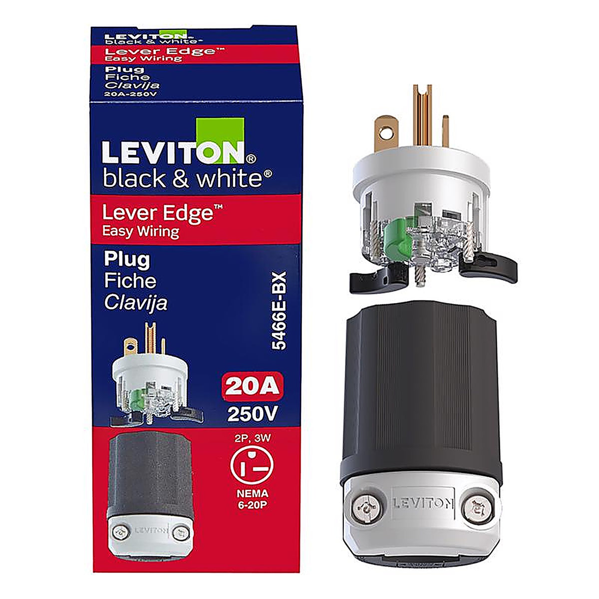 Leviton - 5466E-0BX - Lever Edge Commercial and Residential Plastic Straight Blade Locking Plug 6-20P