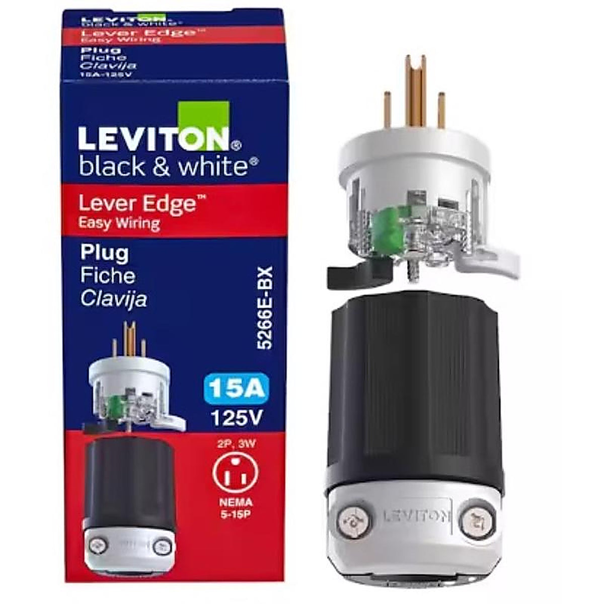 Leviton - 5266E-0BX - Lever Edge Commercial and Residential Plastic Straight Blade Locking Plug 5-15P