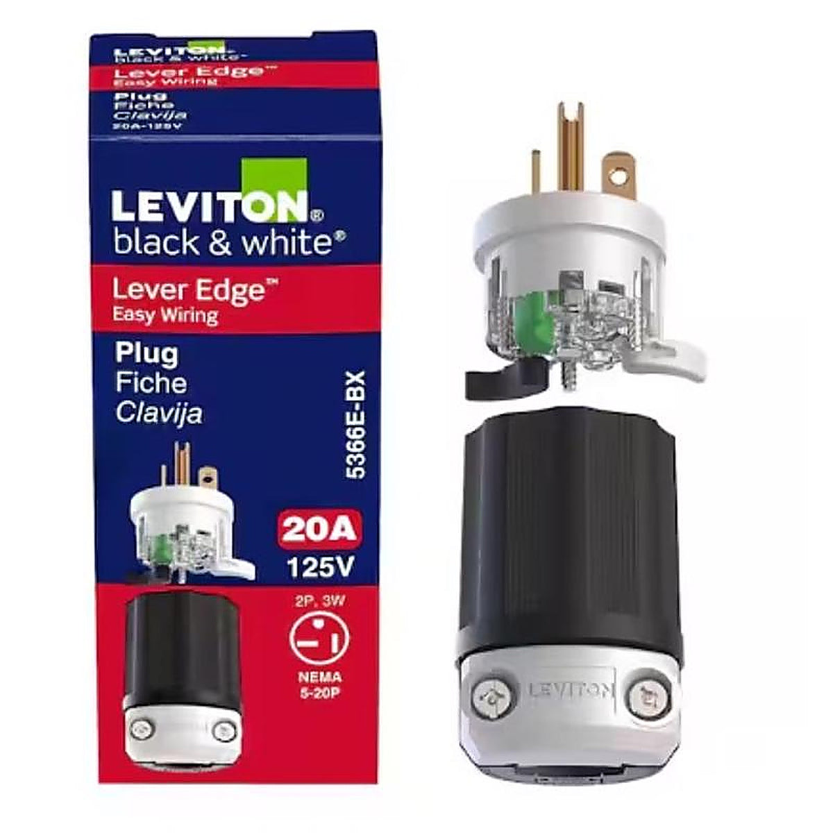 Leviton - 5366E-0BX - Lever Edge Commercial and Residential Plastic Straight Blade Locking Plug 5-20P