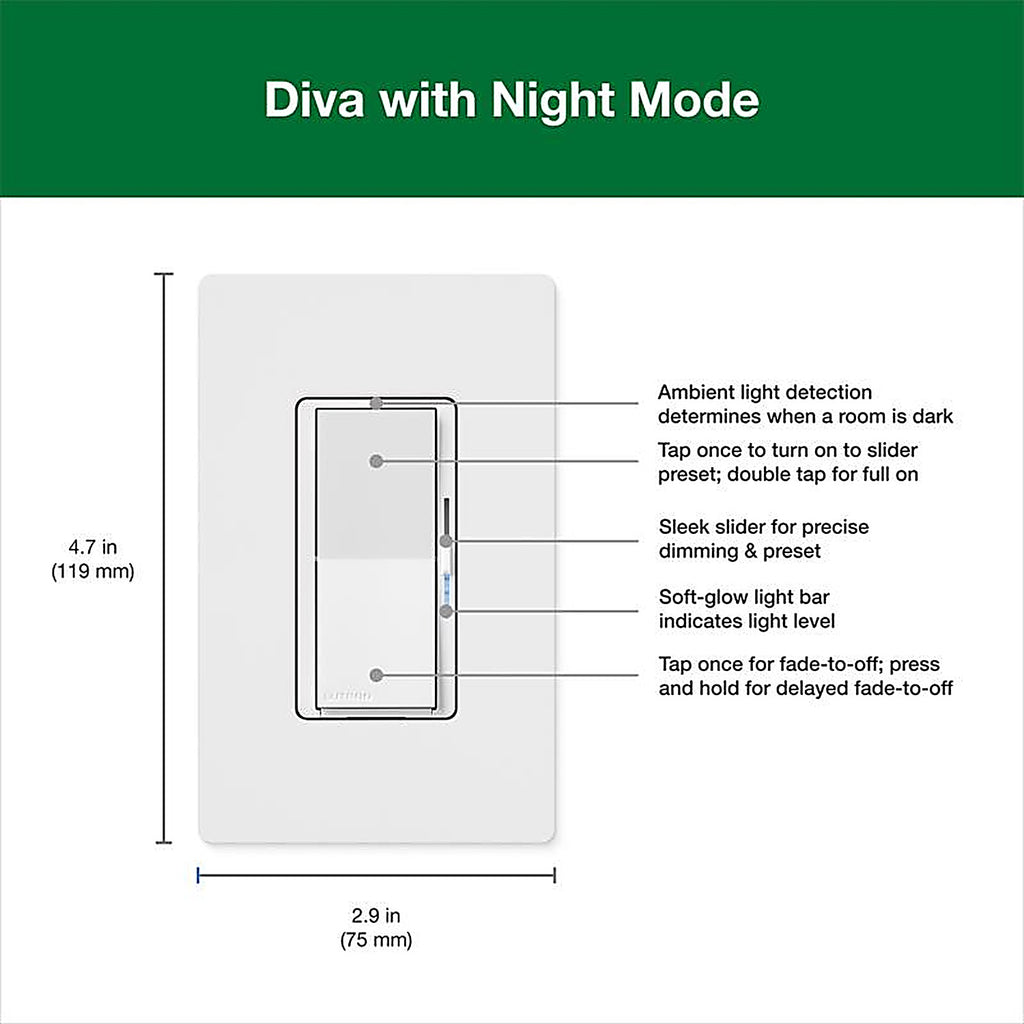 Lutron - DVCLN-153P-WH - Diva with Night Mode for Dimmable LED Bulbs White 150 W 3-Way Dimmer Switch 1 Pack