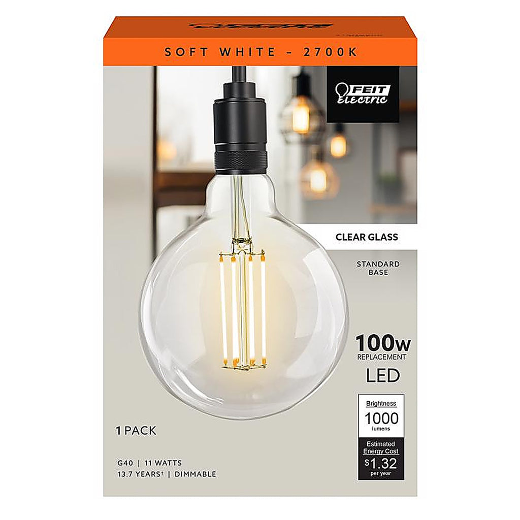 Feit - G40100/927CAFIL - G40 E26 (Medium) Filament LED Bulb Soft White 100 Watt Equivalence 1 Pack
