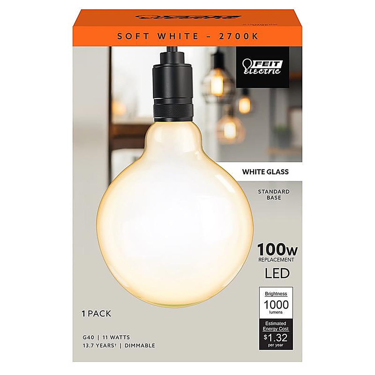 Feit - G40100W927CAFIL - G40 E26 (Medium) Filament LED Bulb Soft White 100 Watt Equivalence 1 Pack