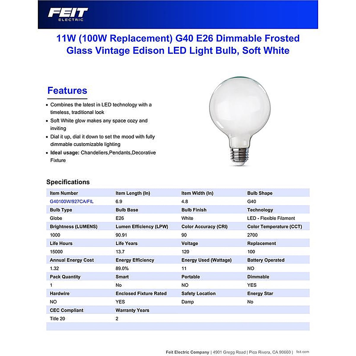 Feit - G40100W927CAFIL - G40 E26 (Medium) Filament LED Bulb Soft White 100 Watt Equivalence 1 Pack