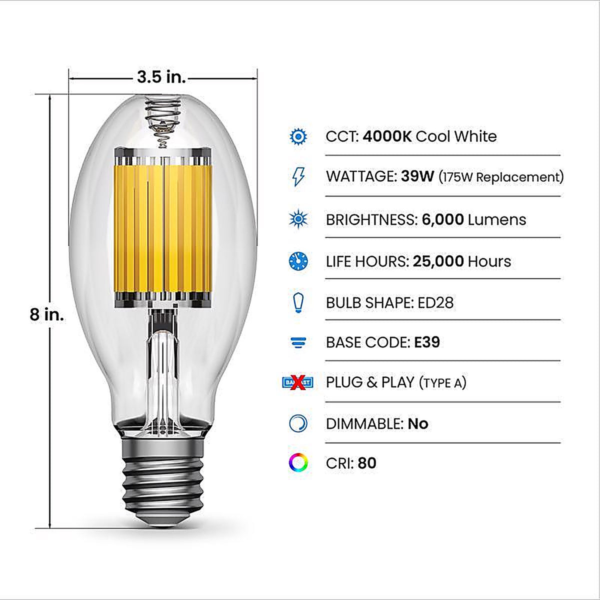 Feit - H39KB175LEDHDRP - 175 W Ed28 Hid Bulb 6000 LM Cool White High Lumen 1 Pack