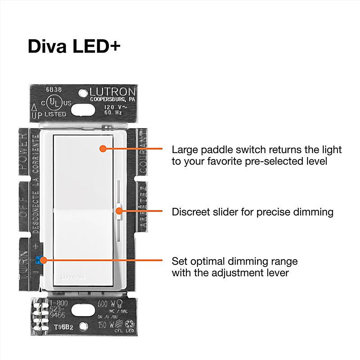 Lutron - DVCL-153PH-GR - Diva Gray 150 W 3-Way Dimmer Switch 1 Pack