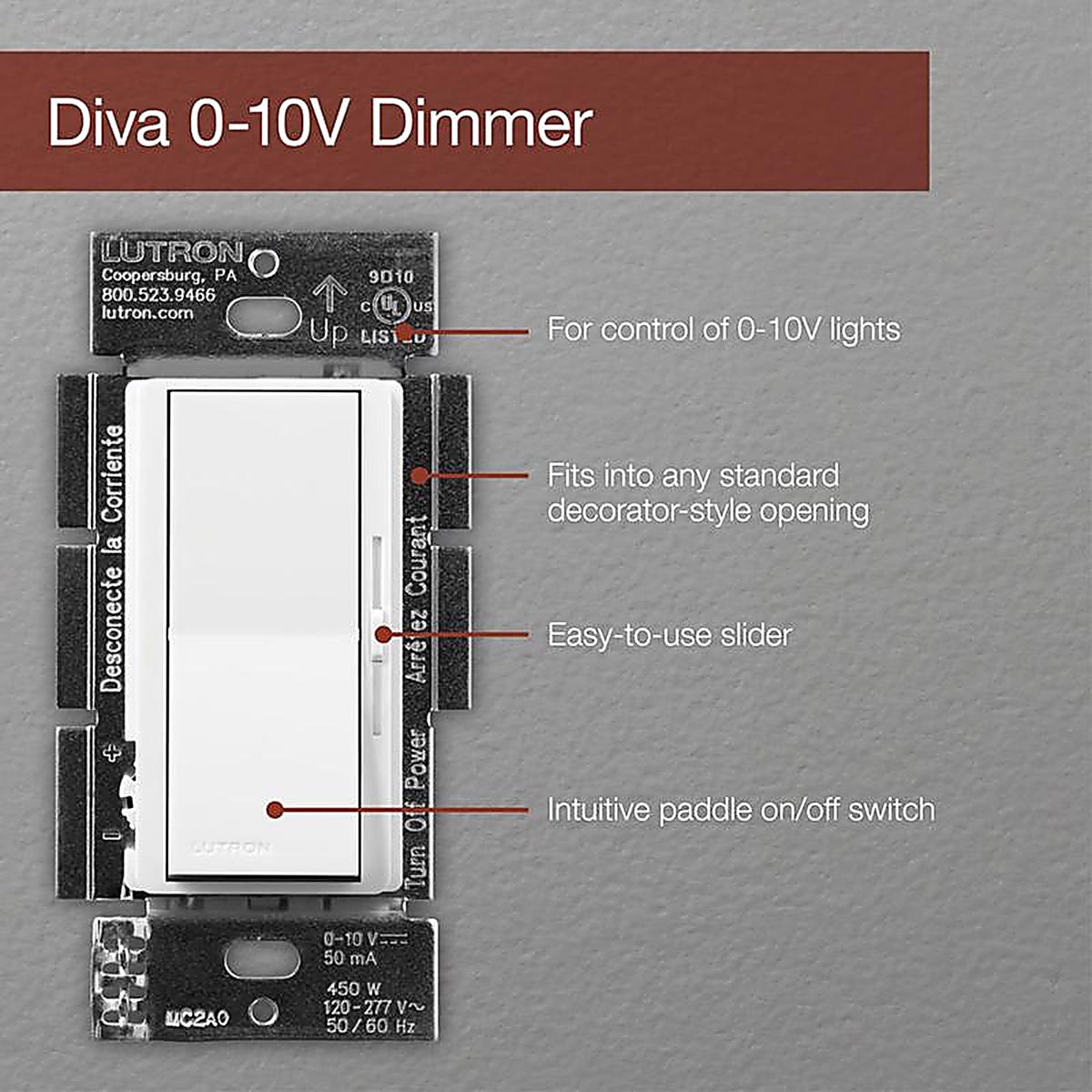 Lutron - DVSTV-453PH-WH - Diva White 450 W 3-Way Smart-Enabled Dimmer Switch 1 Pack