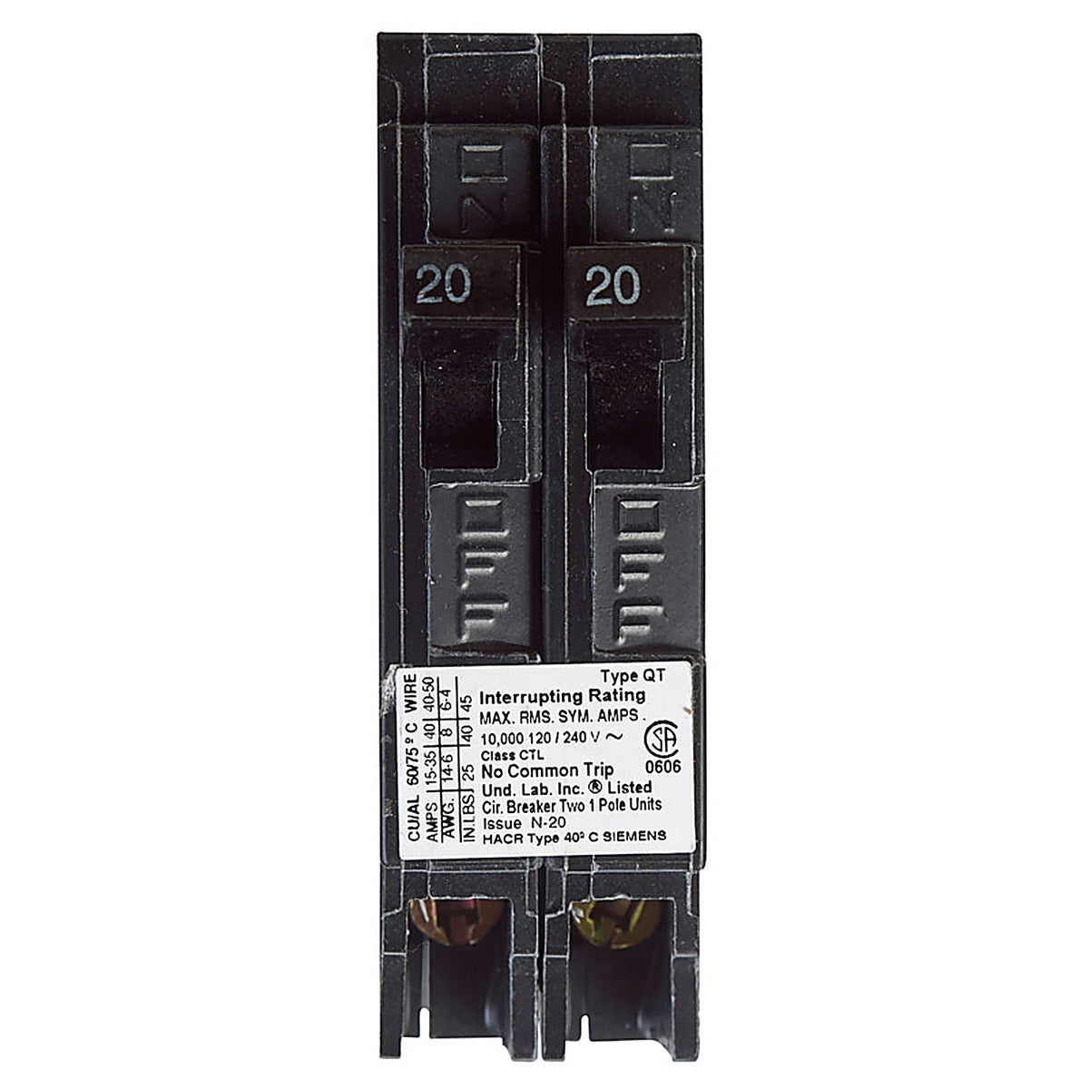 Siemens Q2020 20/20 amps Tandem/Single Pole 1 Circuit Breaker