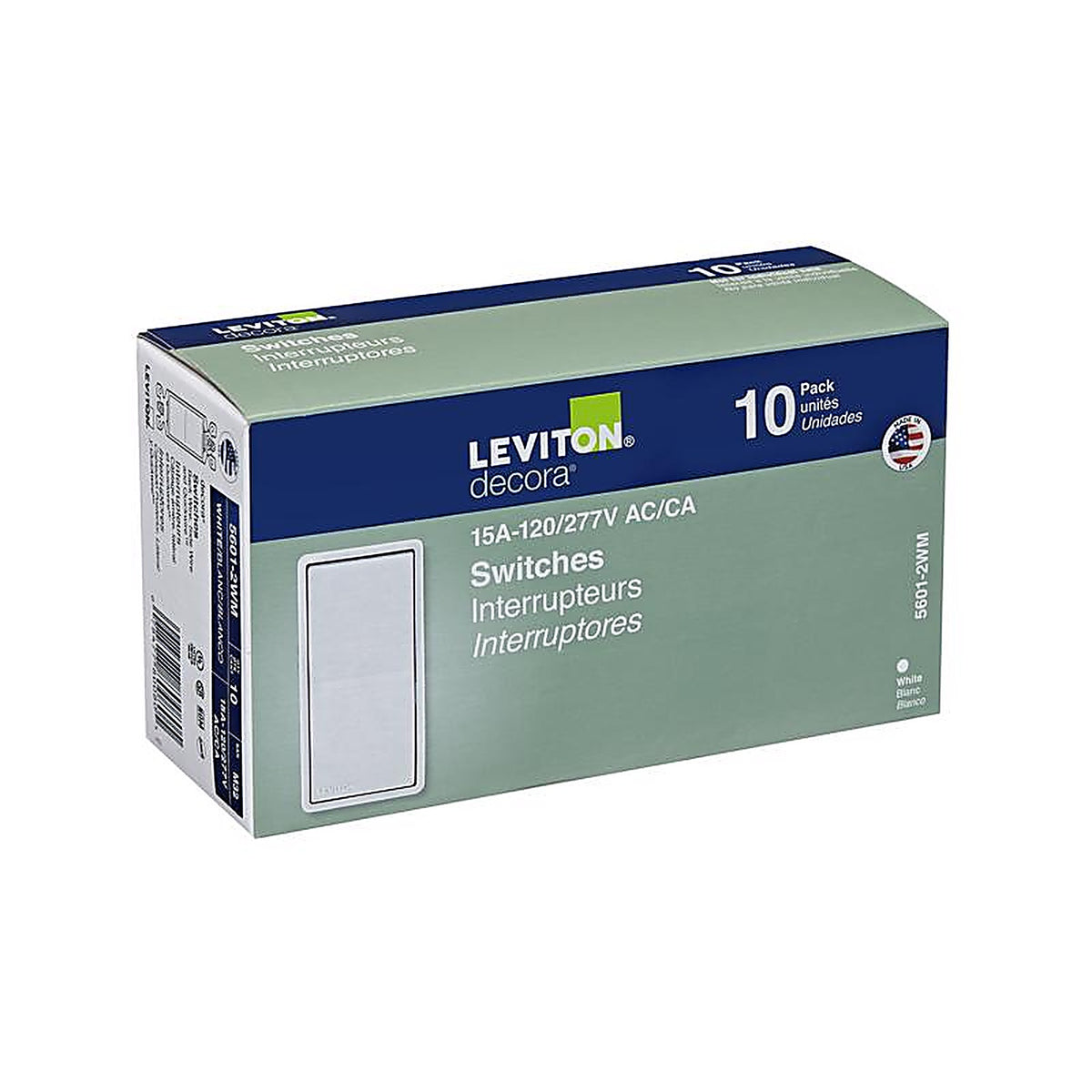 Leviton 05601-2WM Decora 15 amps Single Pole Rocker AC Quiet Switch White 10/Pack