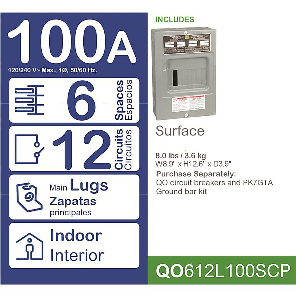 Square D - QO612L100SCP - Qo 100 Amps 120/240 V 6 Space 12 Circuits Combination Mount Main Lug Load Center