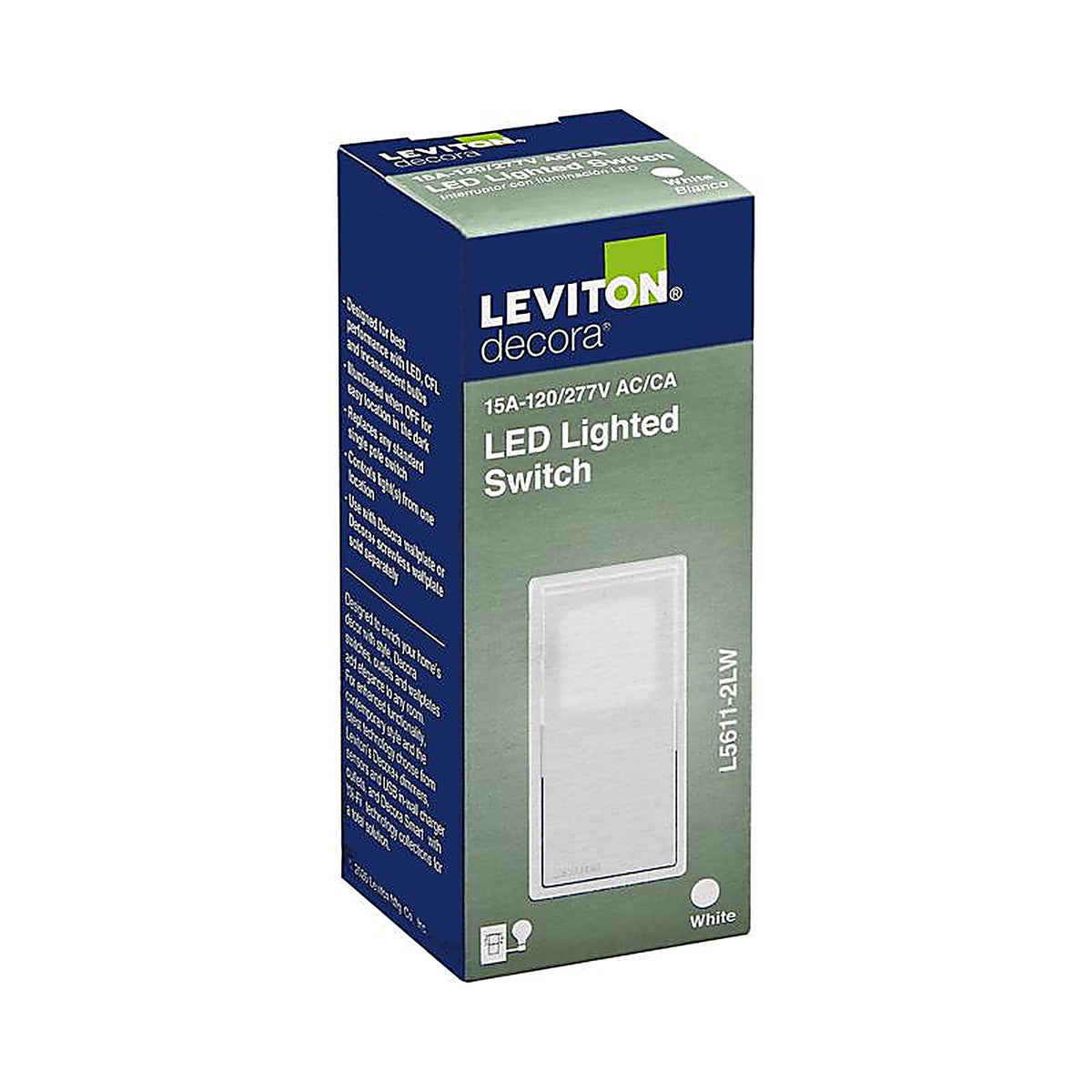 Leviton L5611-2LW Decora 15 amps Single Pole Rocker Illuminated Switch White 1 pk