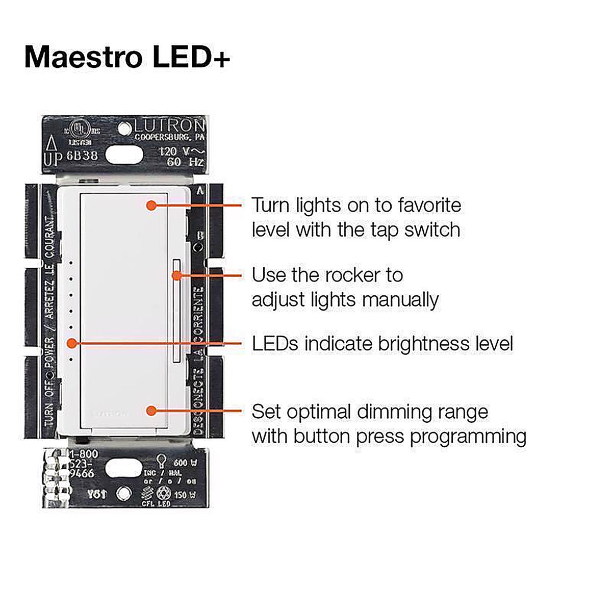 Lutron MACL-153M-RHW-W Maestro White 150 watt 3-Way Dimmer Switch 1/Pack