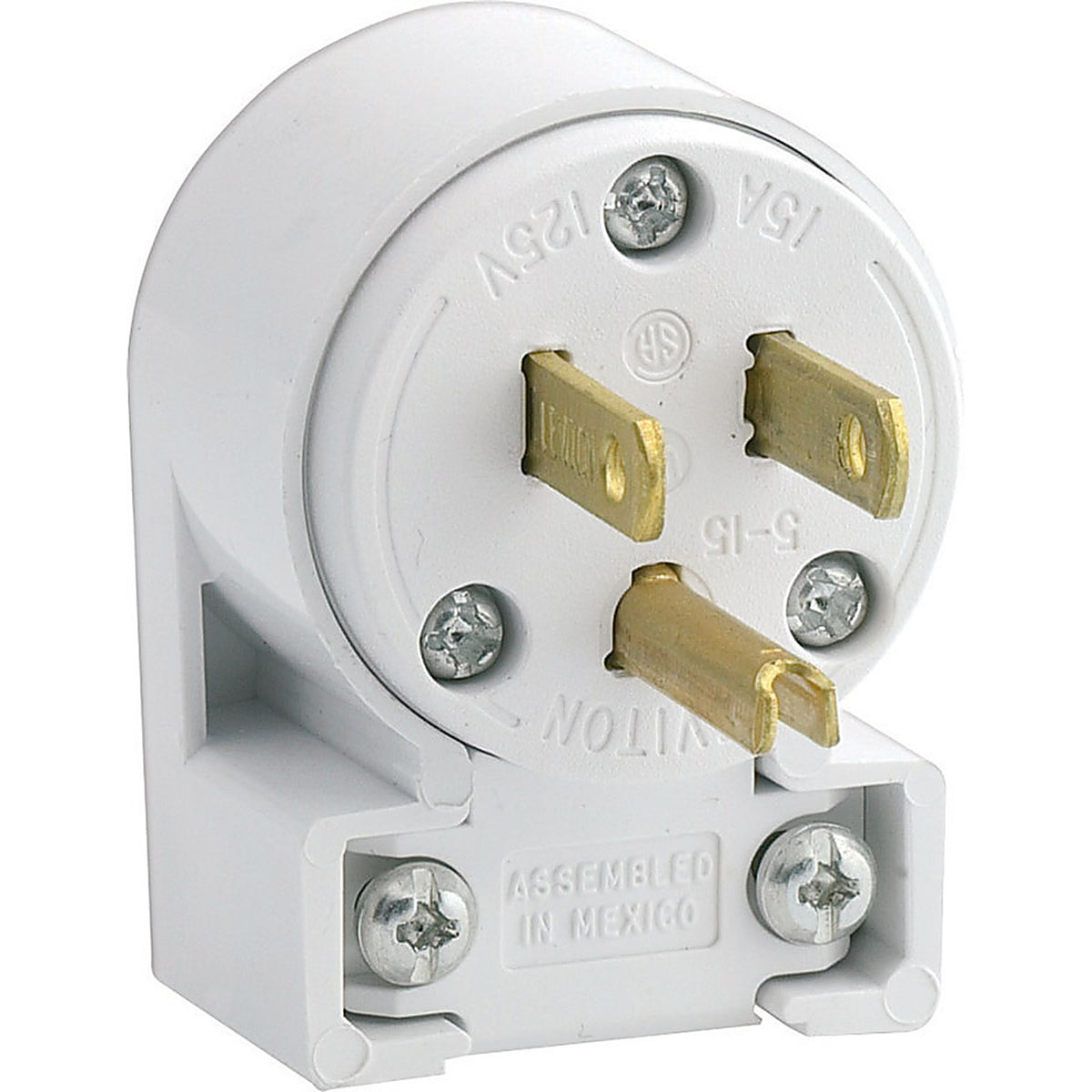 Leviton 020-515AN-00W Commercial PVC Angle Blade Plug 5-15P 18-12 AWG 2 Pole 3 Wire Carded