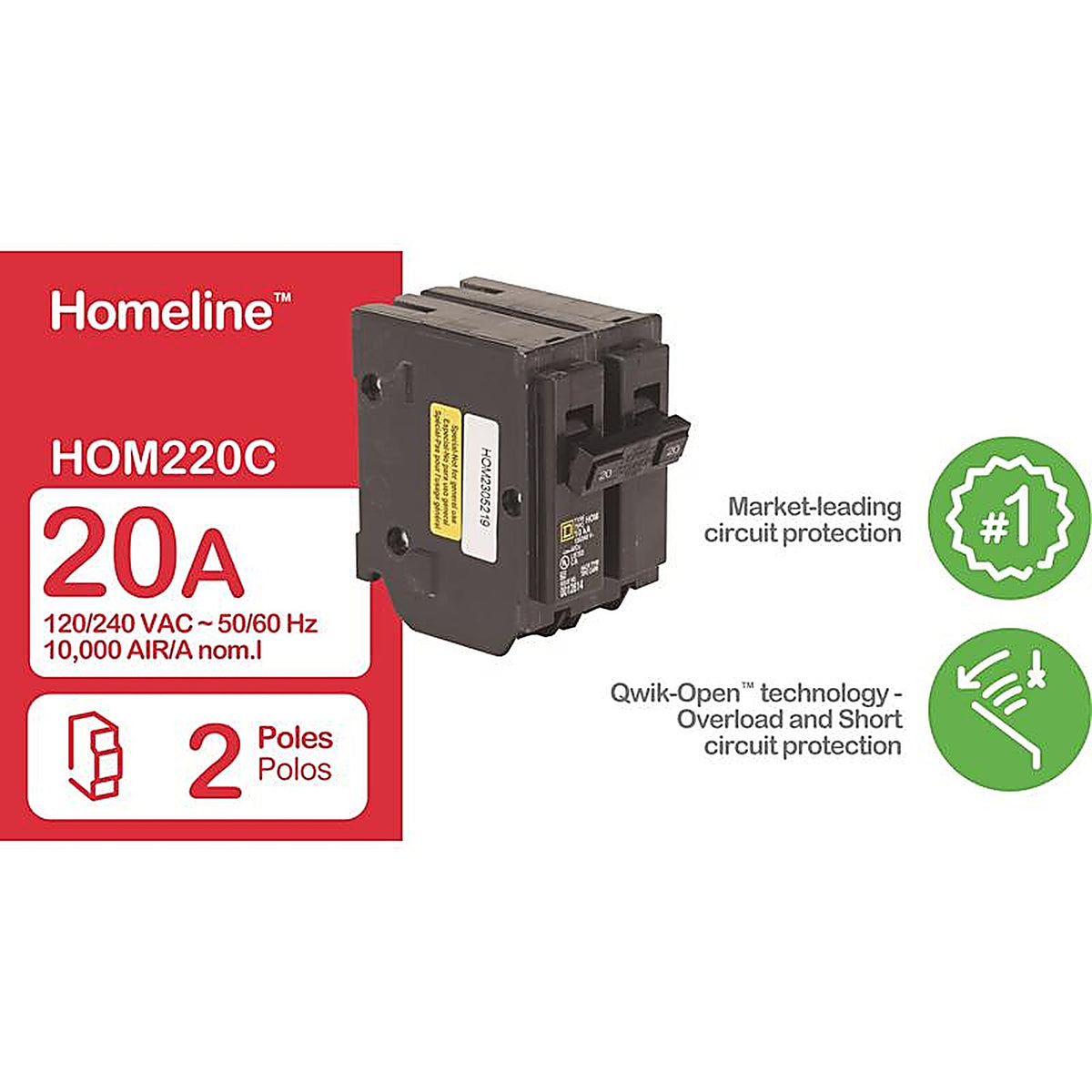 Square D - HOM220C - Homeline 20 Amps Surge 2-Pole Circuit Breaker
