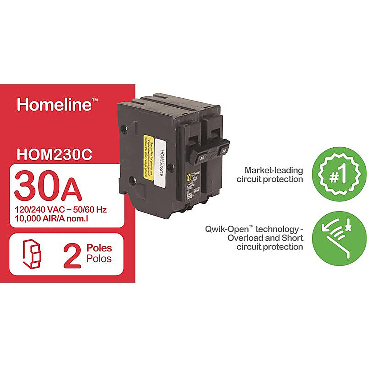 Square D - HOM230C - Homeline 30 Amps Surge 2-Pole Circuit Breaker