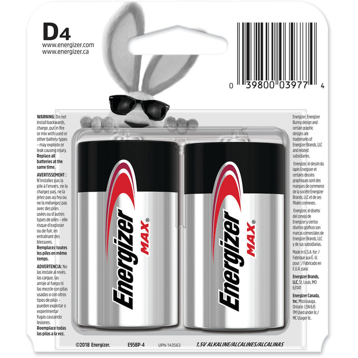 Energizer E95BP-4 Max D Alkaline Batteries 4 pk Carded
