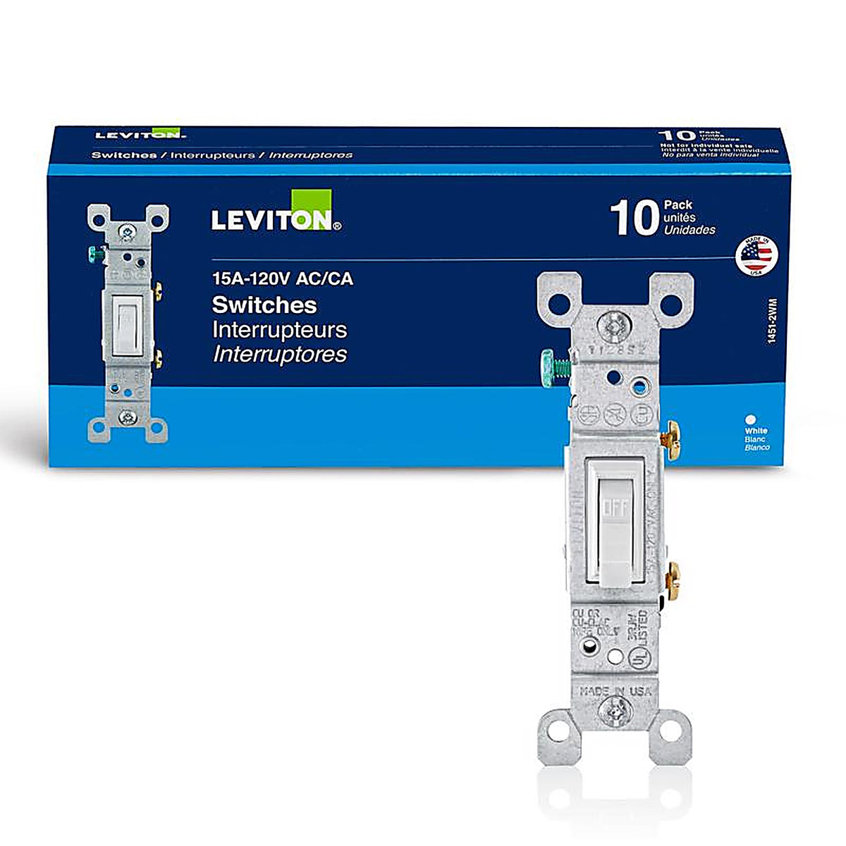 Leviton 01451-2WM 15 amps Single Pole Toggle AC Quiet Switch White 10/Pack
