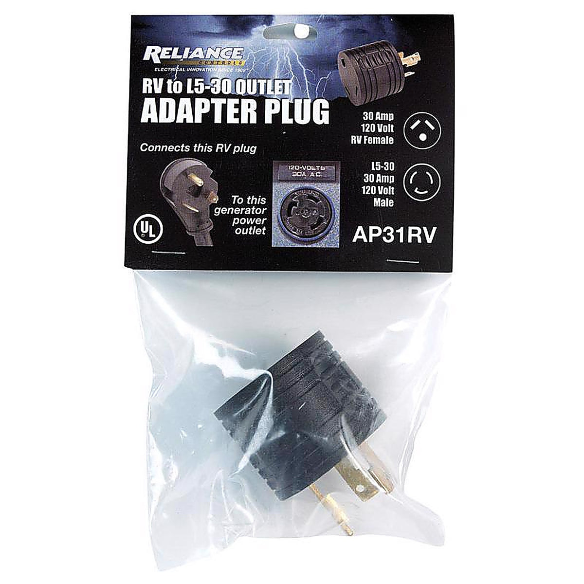 Reliance - AP31RV - Controls Commercial and Residential Plastic Locking Adapter Plug L5-30 10 AWG 3 Pole 3 Wire