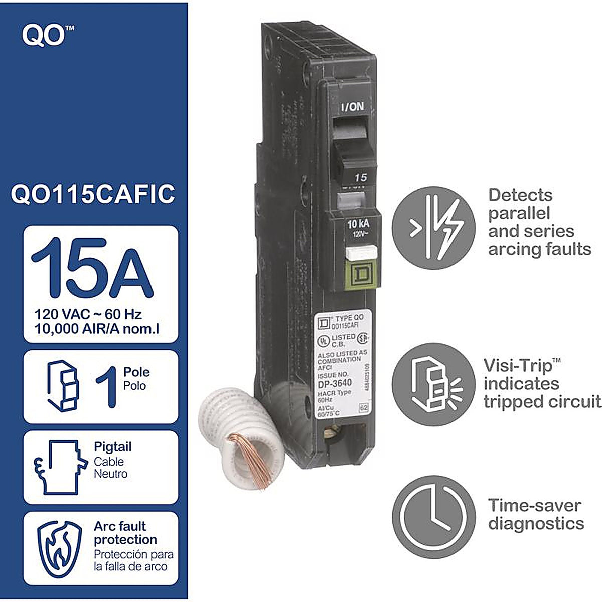 Square D - QO115CAFIC - Qo 15 Amps Arc Fault Single Pole Circuit Breaker