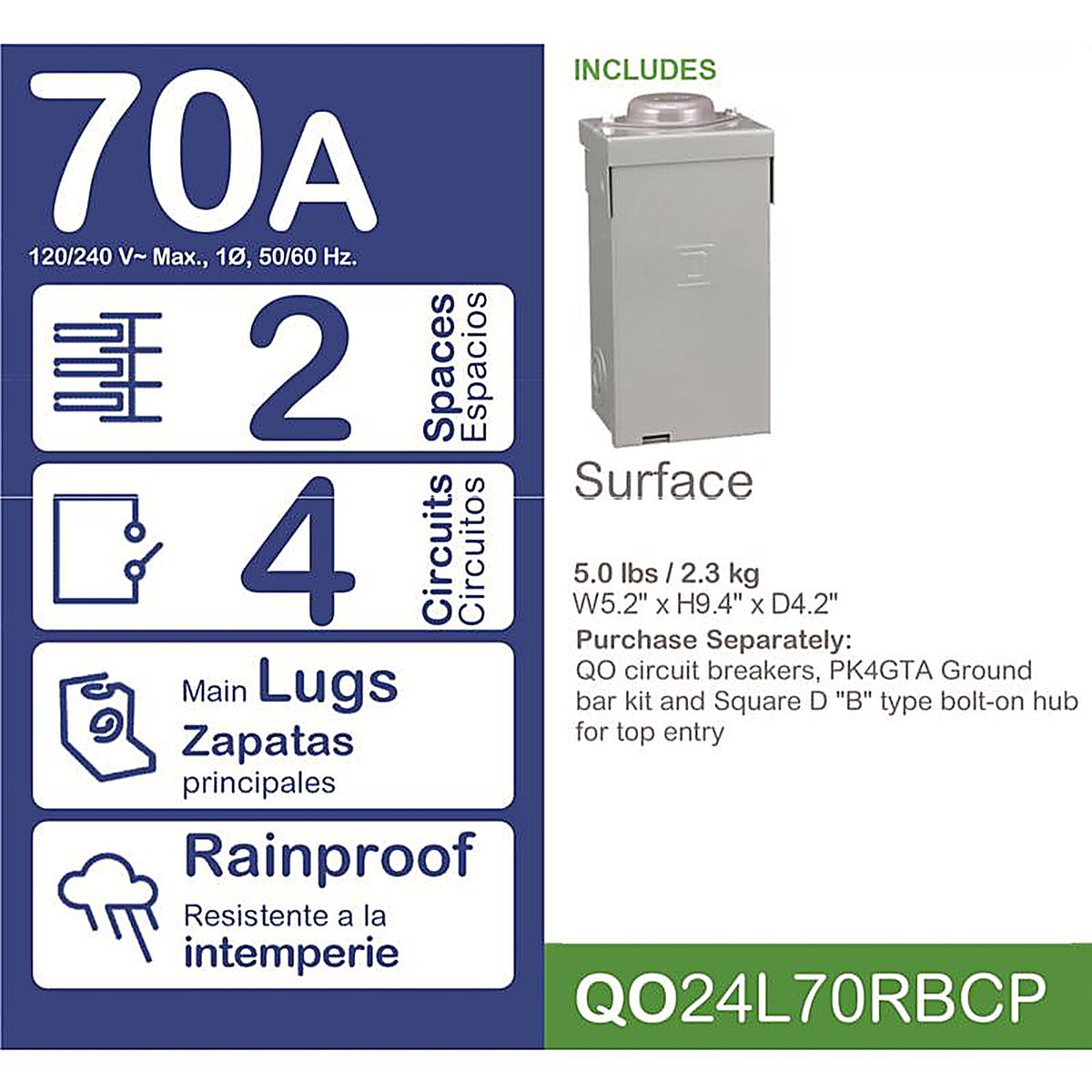 Square D - QO24L70RBCP - Qo 70 Amps 120/240 V 2 Space 4 Circuits Combination Mount Main Lug Load Center