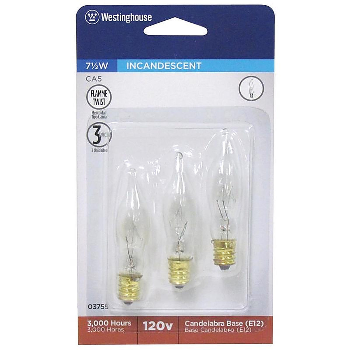 Westinghouse - 0375500 - 7.5 W Ca5 Decorative Incandescent Bulb E12 (Candelabra) Warm White 3 Pack