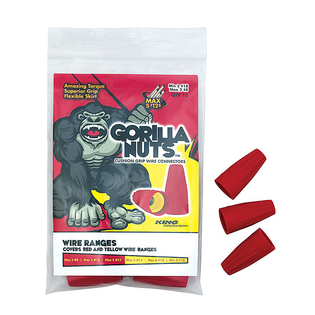 King Innovation - 68205 - Gorilla Nuts 18-8 AWG Copper Wire Wire Connector Red/Yellow 10 Pack