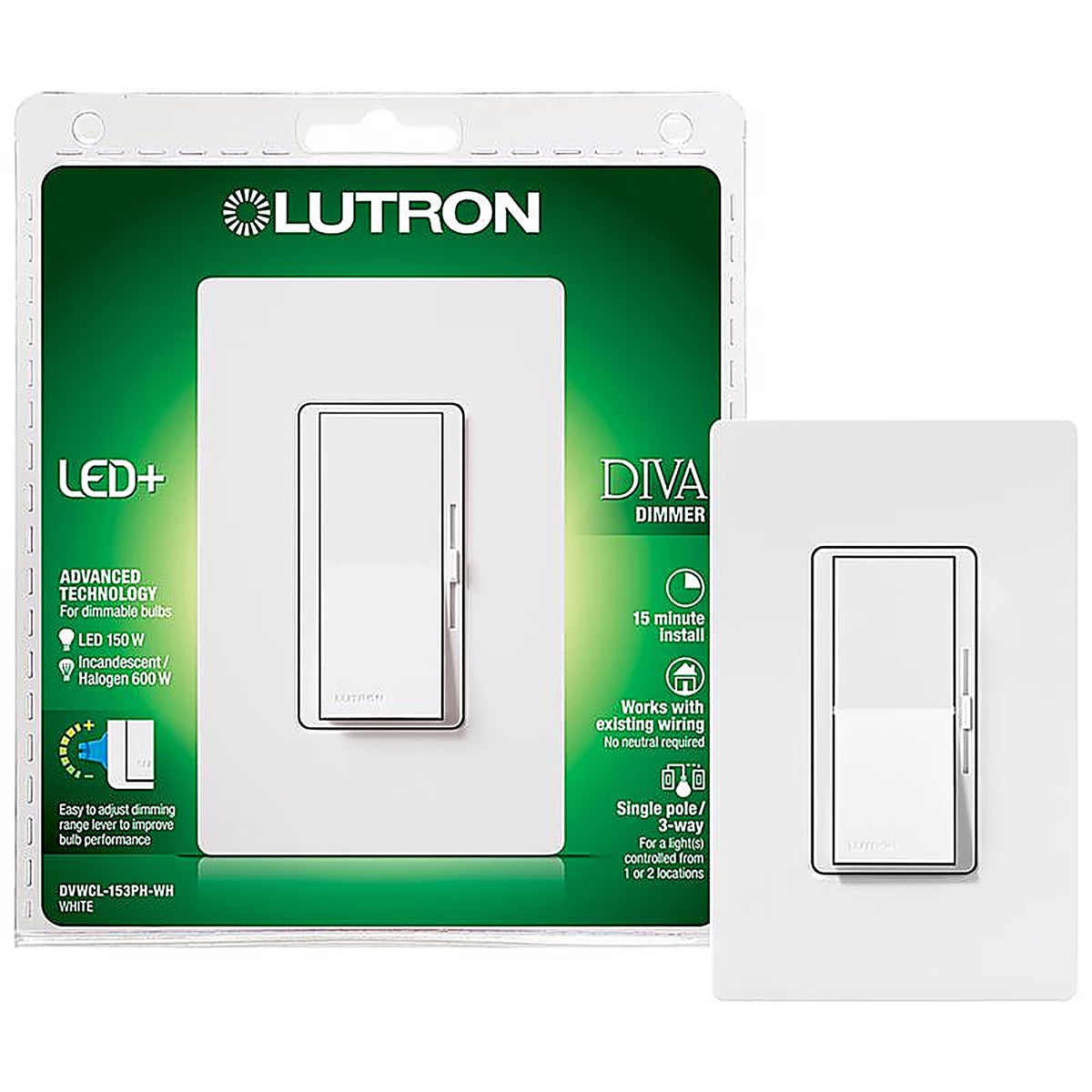 Lutron DVWCL-153PH-WH Diva White 150 watt 3-Way Dimmer Switch 1/Pack