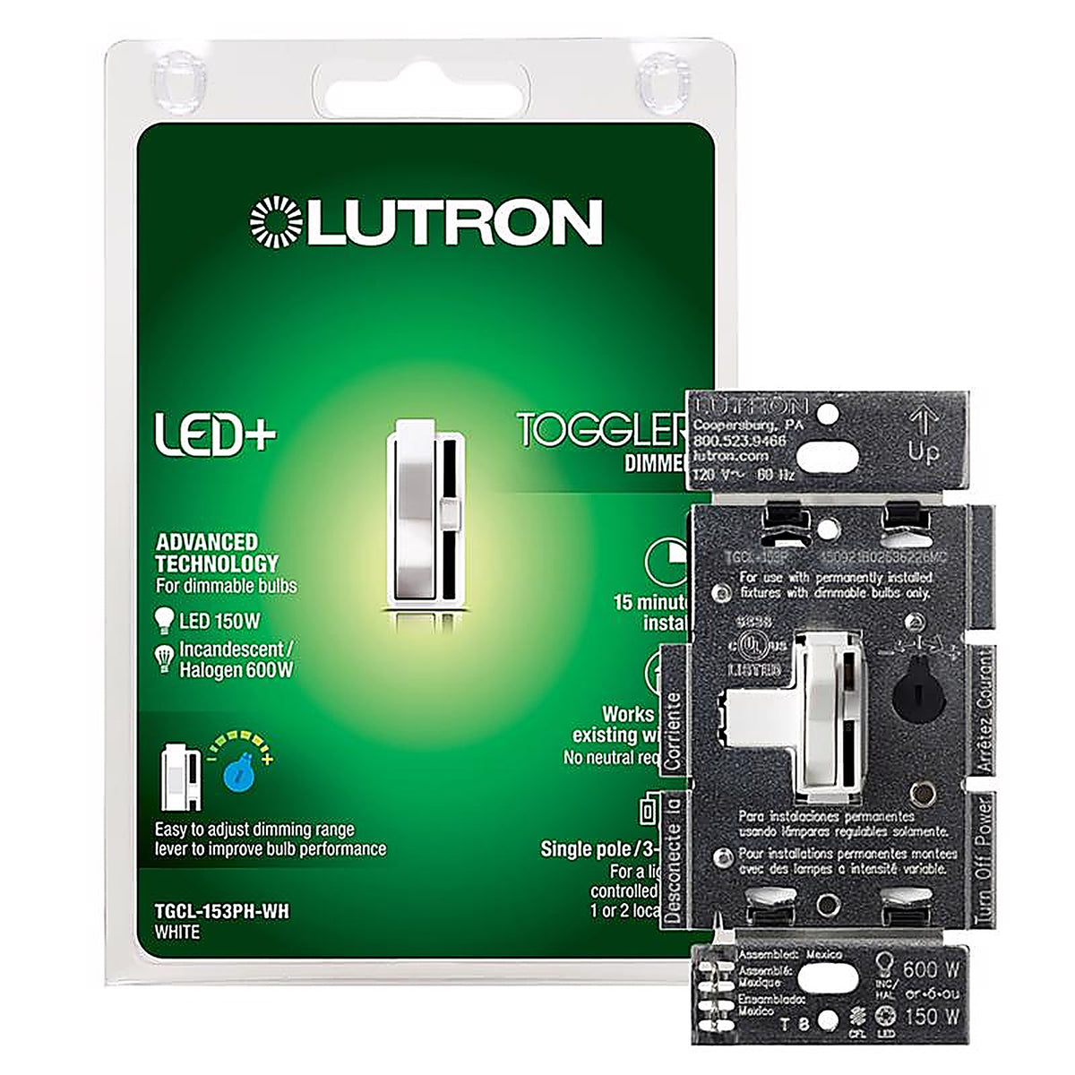 Lutron TGCL-153PH-WH Toggler White 150 watt 3-Way Dimmer Switch 1/Pack