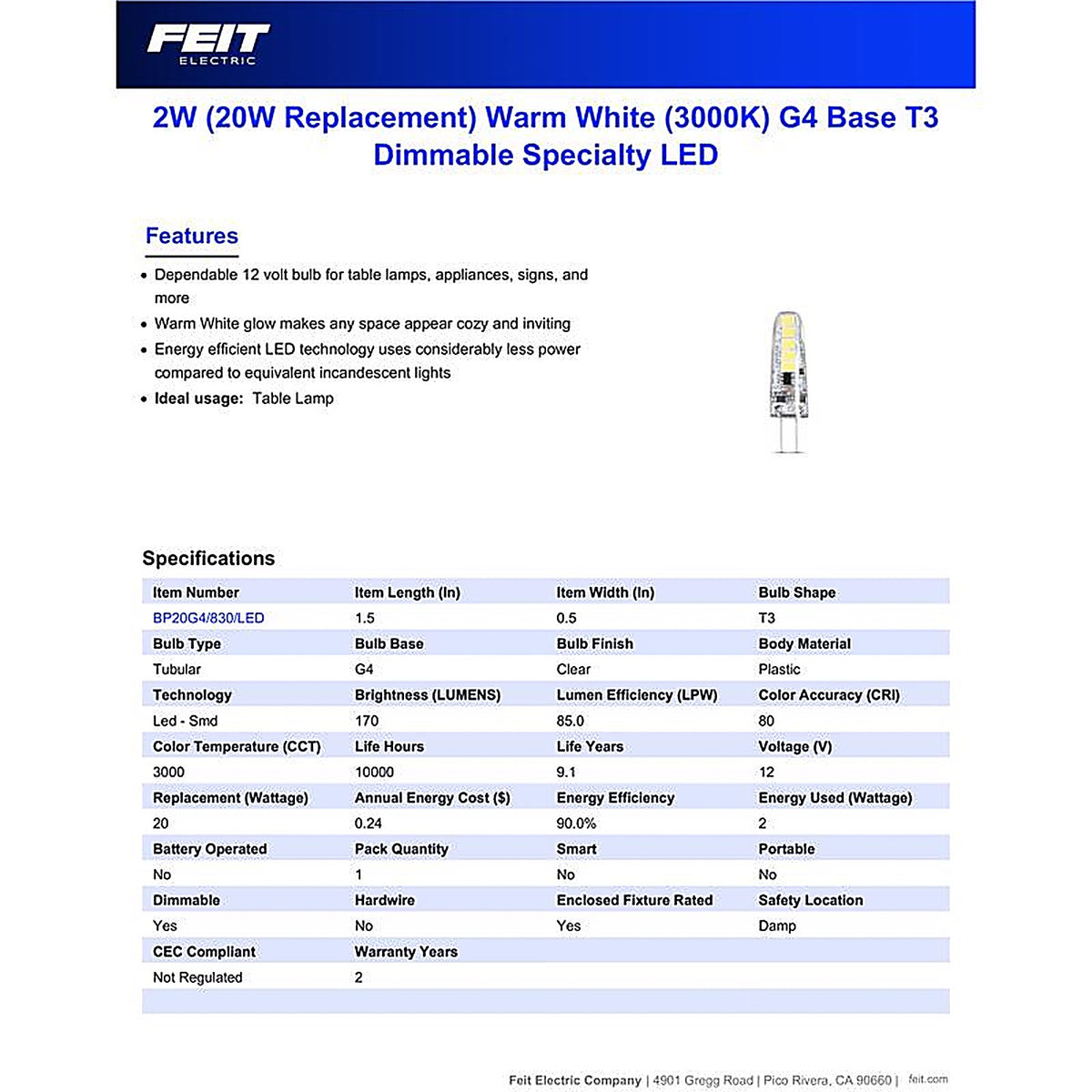 Feit Electric BP20G4/830/LED G4 G4 LED Bulb Warm White 1 pk